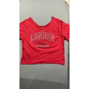 London England Red Cropped T-Shirt Raw Hem Wide Neck‎ Graphic Tee